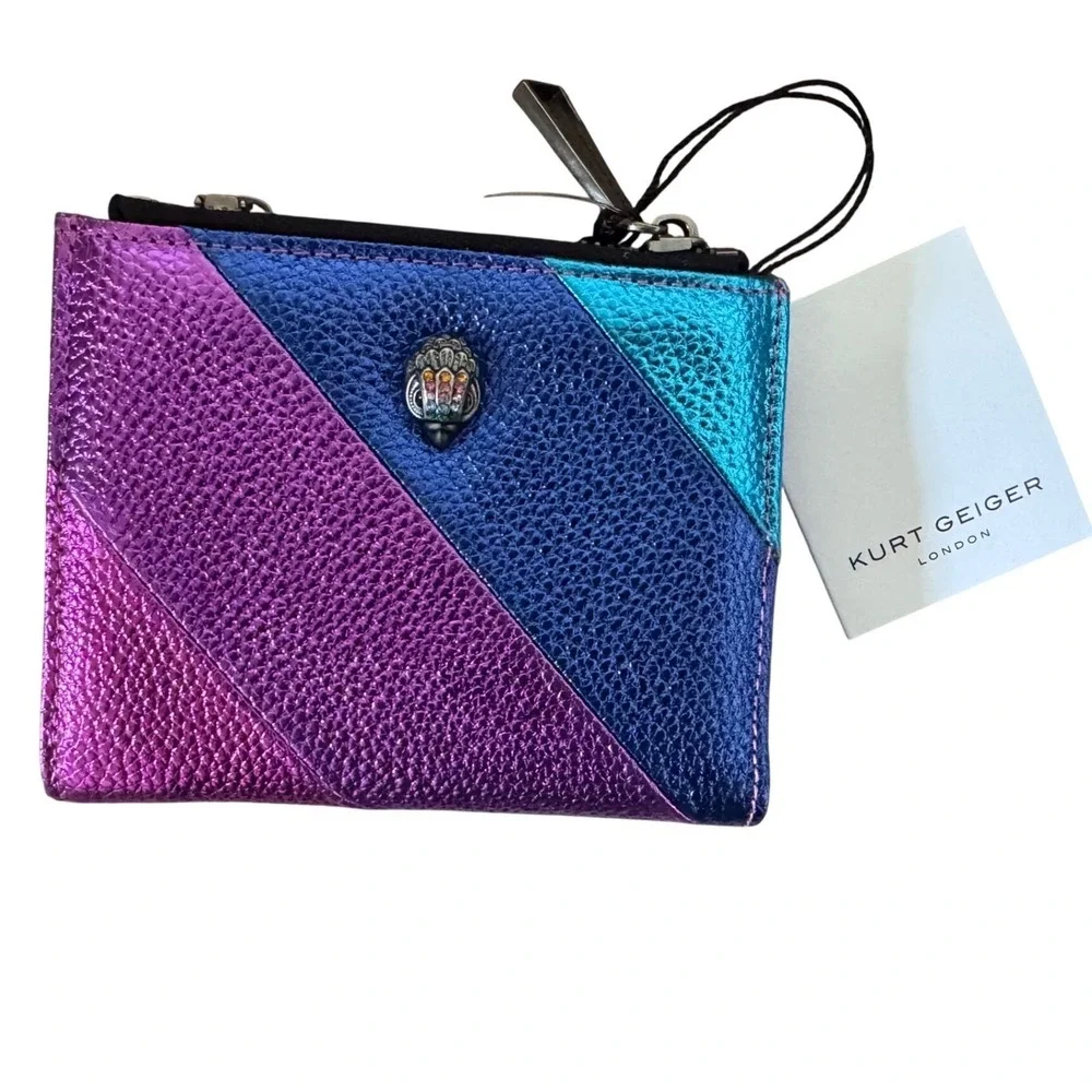 Kurt Geiger London Mini Wallet Card  Eagle Head Rainbow Metallic Leather NWT